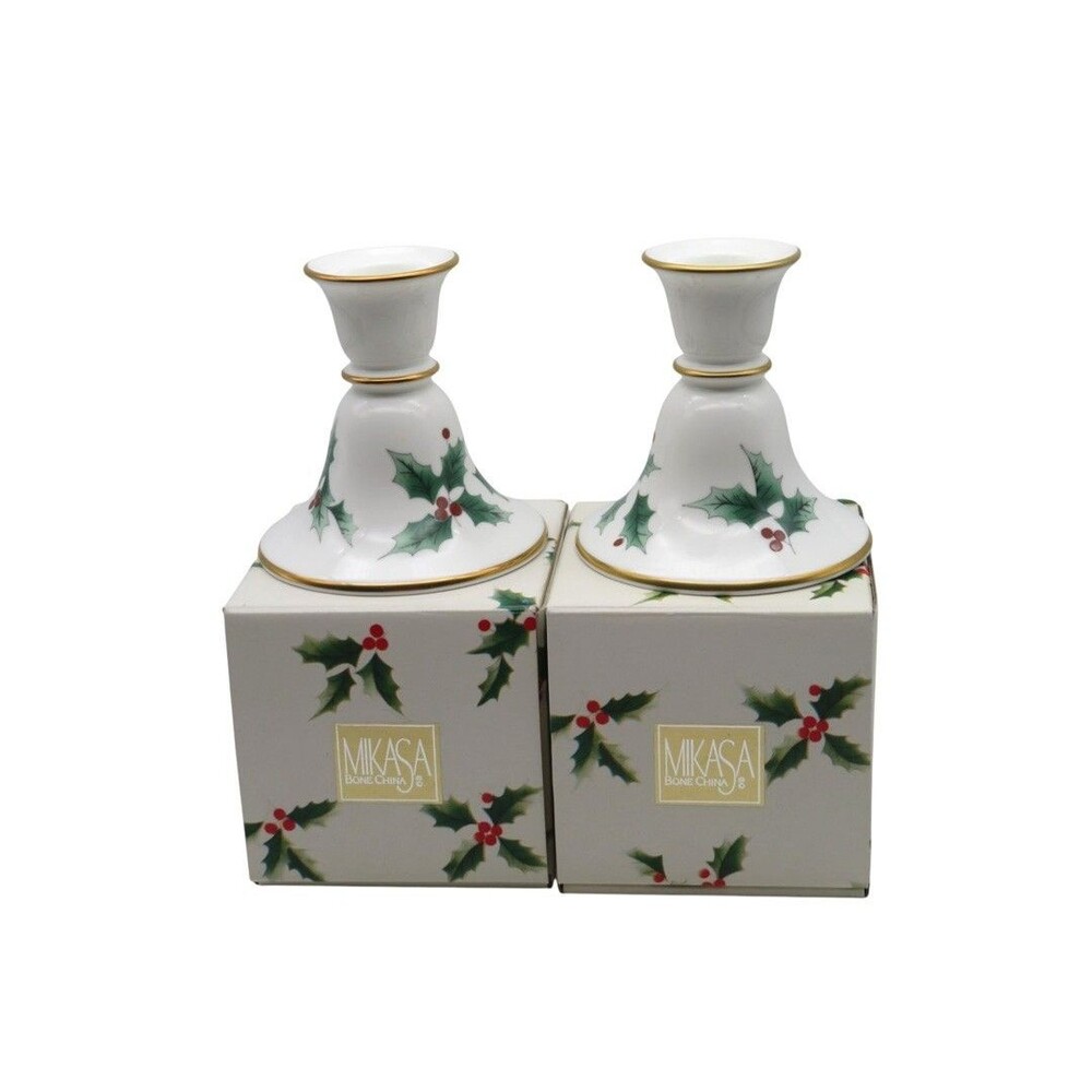 Vintage Mikasa Ribbon Holly Bone China Candle Holders Set of 2 w Box Christmas